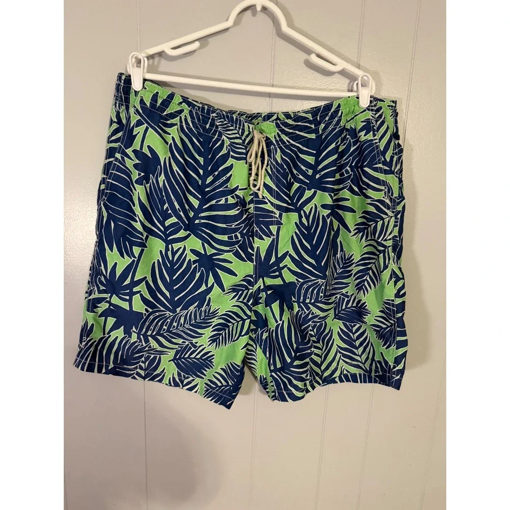 Unbranded Swim Trunks Mens XL Green Blue Tropical Leaf Print Mesh‎ Lined Shorts